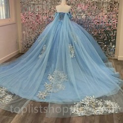 Sky Blue Quinceanera Dresses With Cape 2024 Tulle Lace Up Appliques Beads Ball Gown Gillter Birthday Party Dress