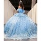 Sky Blue Quinceanera Dresses with 3D Floral Applique Vestidos XV Años Sweet 16 Feather robe de soirée