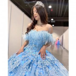 Sky Blue Quinceanera Dresses with 3D Floral Applique Vestidos XV Años Sweet 16 Feather robe de soirée