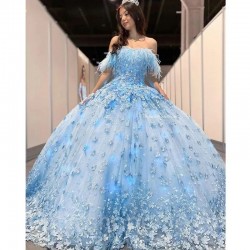 Sky Blue Quinceanera Dresses with 3D Floral Applique Vestidos XV Años Sweet 16 Feather robe de soirée