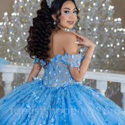 Sky Blue Shiny Princess Quinceanera Dresses 2024 floral Appliques Lace-up Corset Off Shoulder Prom Vestidos De 15 Años