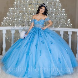 Sky Blue Shiny Princess Quinceanera Dresses 2024 floral Appliques Lace-up Corset Off Shoulder Prom Vestidos De 15 Años