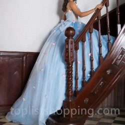 Sky Blue Shiny Princess Quinceanera Dresses Crystal Butterfly Tull Lace-up Corset Prom Vestidos de 15 años