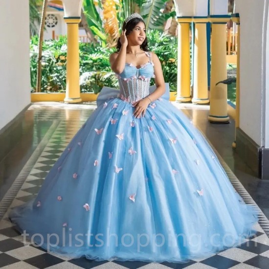 Sky Blue Shiny Princess Quinceanera Dresses Crystal Butterfly Tull Lace-up Corset Prom Vestidos de 15 años