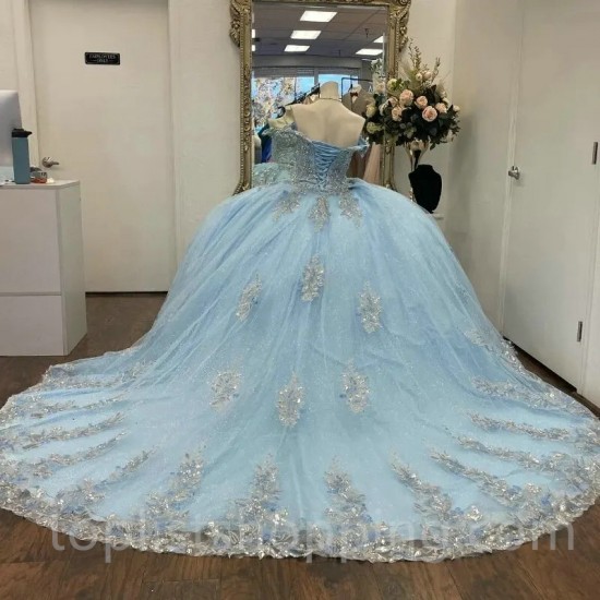 Off the Shoulder Sky Blue Shiny Quinceanera Dress Princess Prom Gown Tulle Appliques Lace Beads Sweet16 Dress