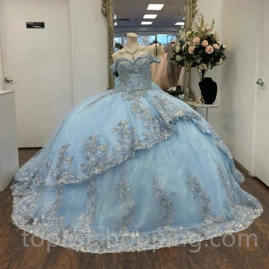 Off the Shoulder Sky Blue Shiny Quinceanera Dress Princess Prom Gown Tulle Appliques Lace Beads Sweet16 Dress