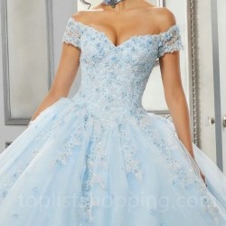 Crystal Sky Blue Shiny Quinceanera Dresses Applique Lace Sequined Ball Gown