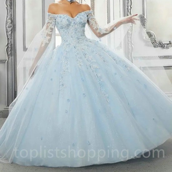 Crystal Sky Blue Shiny Quinceanera Dresses Applique Lace Sequined Ball Gown