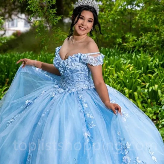 Beaded Sky Blue Shiny Quinceanera Dresses Ball Gown 3D Flowers Vestidos 15th Birthday Party Princess Sweet 16 Dress