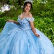 Beaded Sky Blue Shiny Quinceanera Dresses Ball Gown 3D Flowers Vestidos 15th Birthday Party Princess Sweet 16 Dress