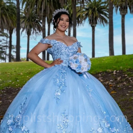 Beaded Sky Blue Shiny Quinceanera Dresses Ball Gown 3D Flowers Vestidos 15th Birthday Party Princess Sweet 16 Dress