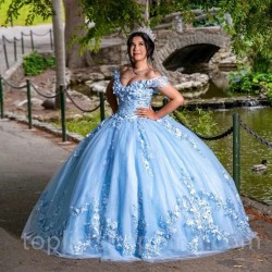 Beaded Sky Blue Shiny Quinceanera Dresses Ball Gown 3D Flowers Vestidos 15th Birthday Party Princess Sweet 16 Dress