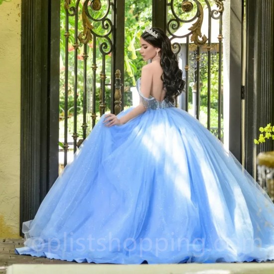 Sweetheart Sky Blue Shiny Quinceanera Dresses Ball Gown Off Shoulder Crystal Beading Tull Corset vestidos de 15 años