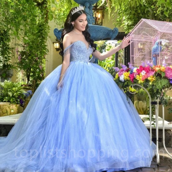 Sweetheart Sky Blue Shiny Quinceanera Dresses Ball Gown Off Shoulder Crystal Beading Tull Corset vestidos de 15 años