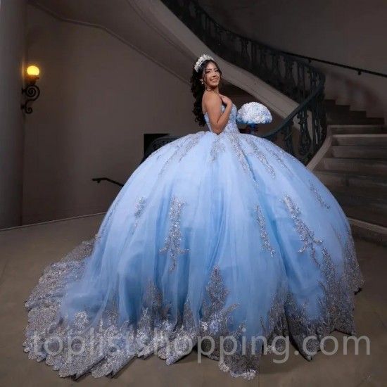 Off Shoulder Sky Blue Shiny Quinceanera Dresses Sequined Ball Gown Sweep Train Vestidos De 15 Años