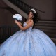 Off Shoulder Sky Blue Shiny Quinceanera Dresses Sequined Ball Gown Sweep Train Vestidos De 15 Años