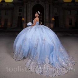 Off Shoulder Sky Blue Shiny Quinceanera Dresses Sequined Ball Gown Sweep Train Vestidos De 15 Años