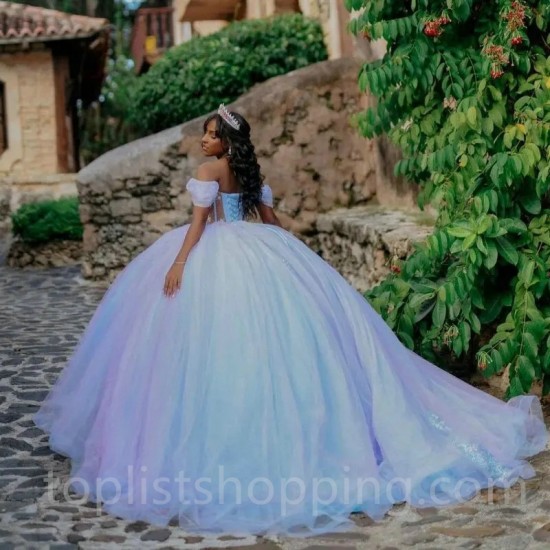 Sky Blue Shiny Quinceanera Dresses Sequins Lace Applique Sweet 16 Off the Shoulder Ball Gown Vestido De 15 Anos