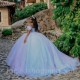 Sky Blue Shiny Quinceanera Dresses Sequins Lace Applique Sweet 16 Off the Shoulder Ball Gown Vestido De 15 Anos