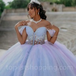 Sky Blue Shiny Quinceanera Dresses Sequins Lace Applique Sweet 16 Off the Shoulder Ball Gown Vestido De 15 Anos