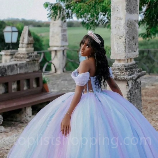 Sky Blue Shiny Quinceanera Dresses Sequins Lace Applique Sweet 16 Off the Shoulder Ball Gown Vestido De 15 Anos