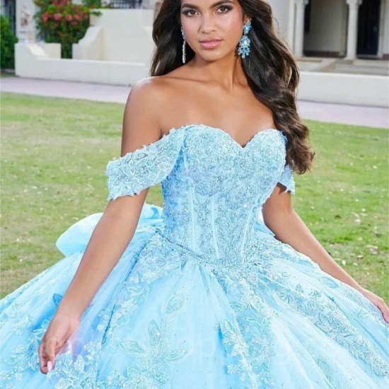 Sky Blue Shiny Quinceanera Dresses Sleeveless Ball Gown Off The Shoulder Corset Vestidos Para XV