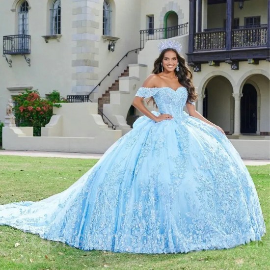 Sky Blue Shiny Quinceanera Dresses Sleeveless Ball Gown Off The Shoulder Corset Vestidos Para XV