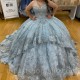 Sky Blue Shiny Sweetheart Ball Gown Quinceanera Dress 2024 Off Shoulder Sweet 15 16 Years Birthday Party Formal