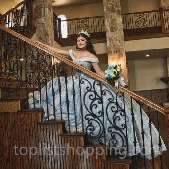 Off the Shoulder Sky Blue Shiny Sweetheart Quinceanera Dresses Beads Cinderella Princess Ball Gowns