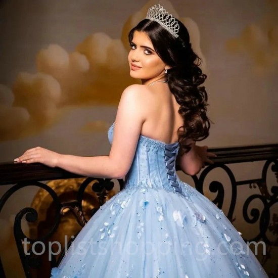 Sweetheart Sky Blue Quinceanera Dress Ball Gown Off Shoulder 3D Flower Beads Corset Puffy Sweet 16 Dress