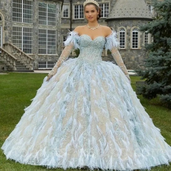 Feather Sky Blue Sweetheart Quinceanera Dress Off Shoulder Appliques Sequins Party Princess Sweet 16 Ball Gown