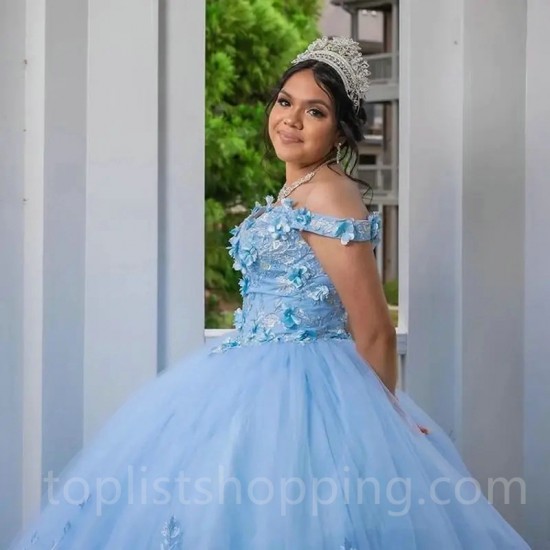 Sweetheart Sky Blue Quinceanera Dresses Lace Applqiues 3D Flower Sweet 16 Court Train Vestidos De 15