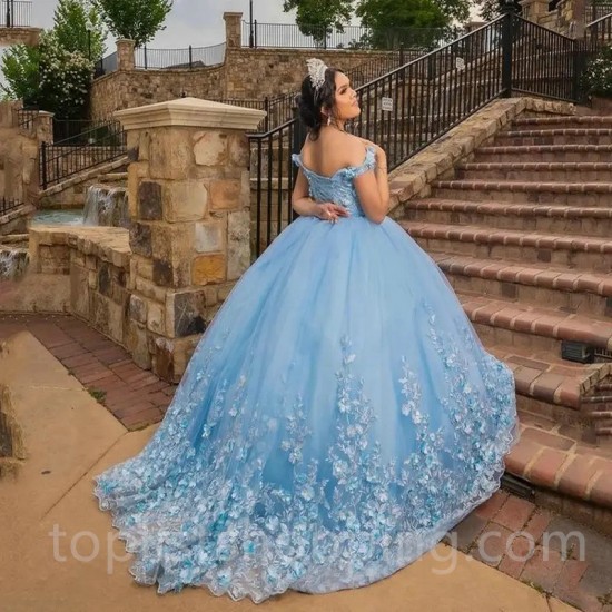 Sweetheart Sky Blue Quinceanera Dresses Lace Applqiues 3D Flower Sweet 16 Court Train Vestidos De 15