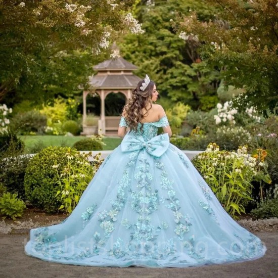 Sweetheart Sky Blue Sweet 16 Quinceanera Dress 2024 Sparkly Lace Appliques 3D Flowers Princess Ball Gown