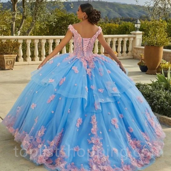 Beaded Sky Blue V-Neck Ball Gown Quinceanera Dresses Celebrity Party Gowns Applique Flower Graduation Vestido De