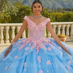 Beaded Sky Blue V-Neck Ball Gown Quinceanera Dresses Celebrity Party Gowns Applique Flower Graduation Vestido De