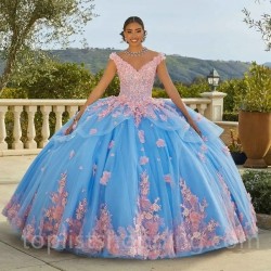 Beaded Sky Blue V-Neck Ball Gown Quinceanera Dresses Celebrity Party Gowns Applique Flower Graduation Vestido De