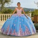 Beaded Sky Blue V-Neck Ball Gown Quinceanera Dresses Celebrity Party Gowns Applique Flower Graduation Vestido De