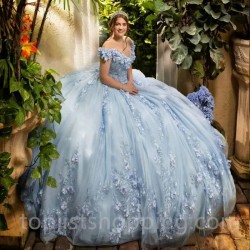 V-Neck Sky Blue Ball Gown Quinceanera Dresses Off The Shoulder Appliques Lace Flowers Vestido De 15 Anos Sweet 16