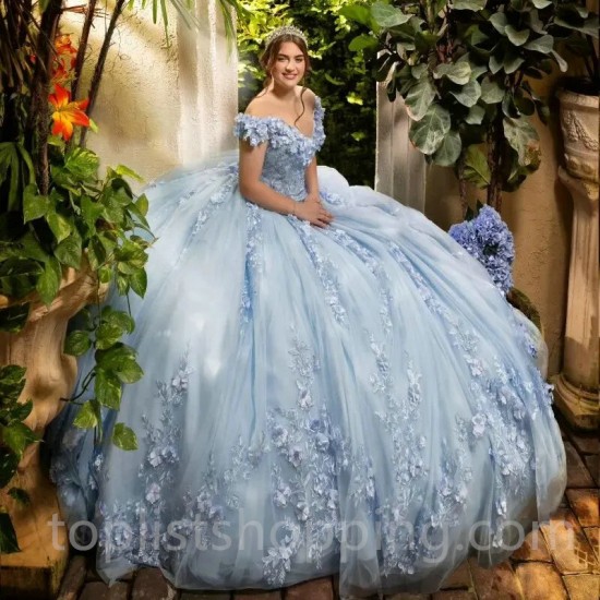 V-Neck Sky Blue Ball Gown Quinceanera Dresses Off The Shoulder Appliques Lace Flowers Vestido De 15 Anos Sweet 16