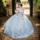 V-Neck Sky Blue Ball Gown Quinceanera Dresses Off The Shoulder Appliques Lace Flowers Vestido De 15 Anos Sweet 16