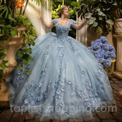 V-Neck Sky Blue Ball Gown Quinceanera Dresses Off The Shoulder Appliques Lace Flowers Vestido De 15 Anos Sweet 16