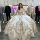 Spaghetti Strap Quinceanera Dress Princess Prom Gown Gold Appliques Lace Beads Tull Sweet 16 Dress