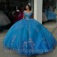 Sparkly Blue Quinceanera Dress Ball Gown 3D Flower Applique Beading Mexico Corset Sweet 16 Vestidos De 15 Años