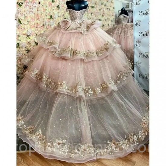 Sparkly Blush Quinceanera Dress 2024 Ball Gown Appliques Beading Sequins Puffy Skirt Sweet 15 16 Dress