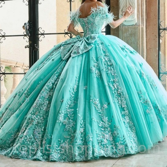 Sweetheart Quinceanera Dresses Applique Lace Beads Feather Ball Gown Sweet 16 Year Princess Dress For 15 Years vestidos de