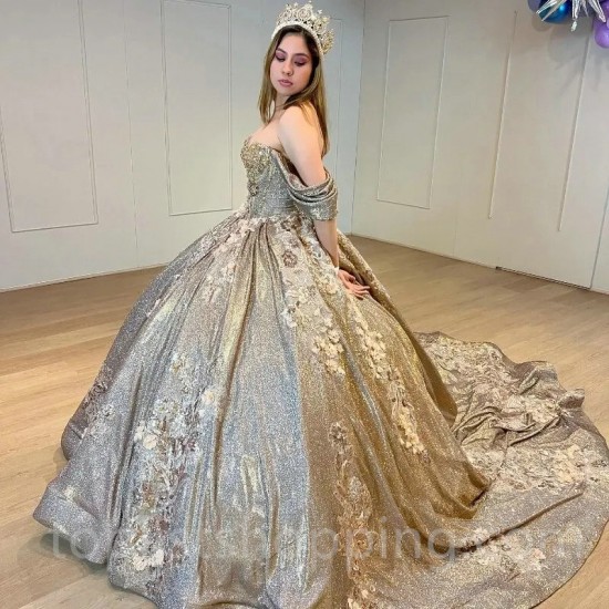 Sweetheart Shiny Quinceanera Dress Ball Gown Beads Crystal 3DFlower Off the Shoulder Corset Vestido De 15