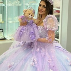 Sweetheart Shiny Quinceanera Dresses Ball Gowns Appliques 3D Flowers Beads Formal Party Dress