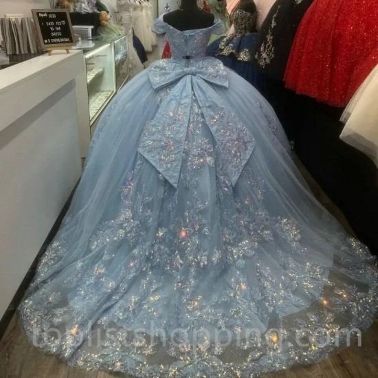 Sweetheart Sky Blue Shiny Quinceanera Dress With Backless Party Gown Princess Lace Appliques