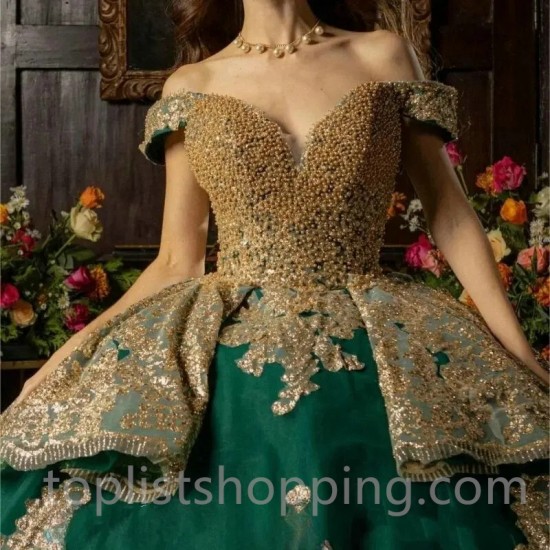 Teal Blue Charro Quinceanera Dresses Ball Gown Off The Shoulder Pearls Mexican Sweet 16 Dresses 15 Anos